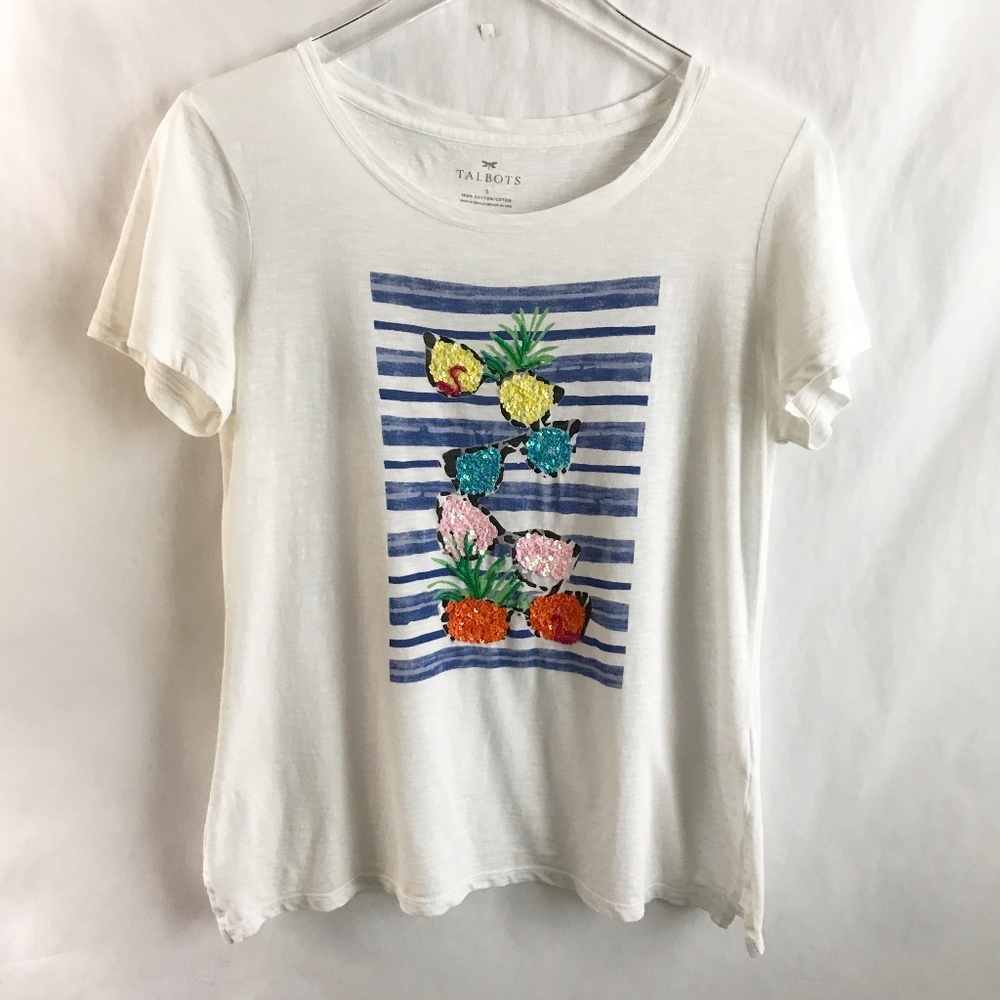 Talbots Sequin Sparkly Tropical Sunglasses Cotton Short Sleeve Tee S White Beach